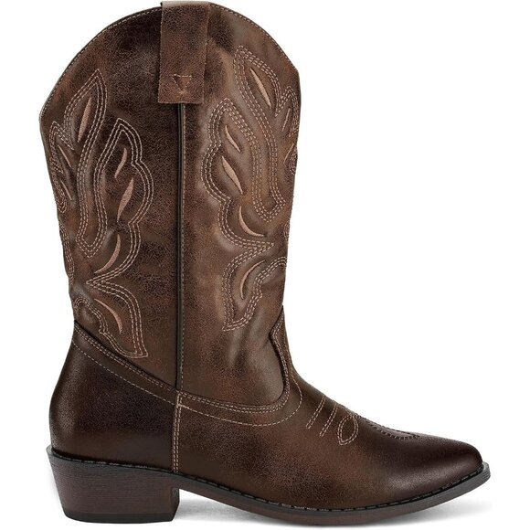 mysoft Women's Brown Western Cowboy Boots Mid Calf Pointed Toe Cowgirl - Picture 4 of 6